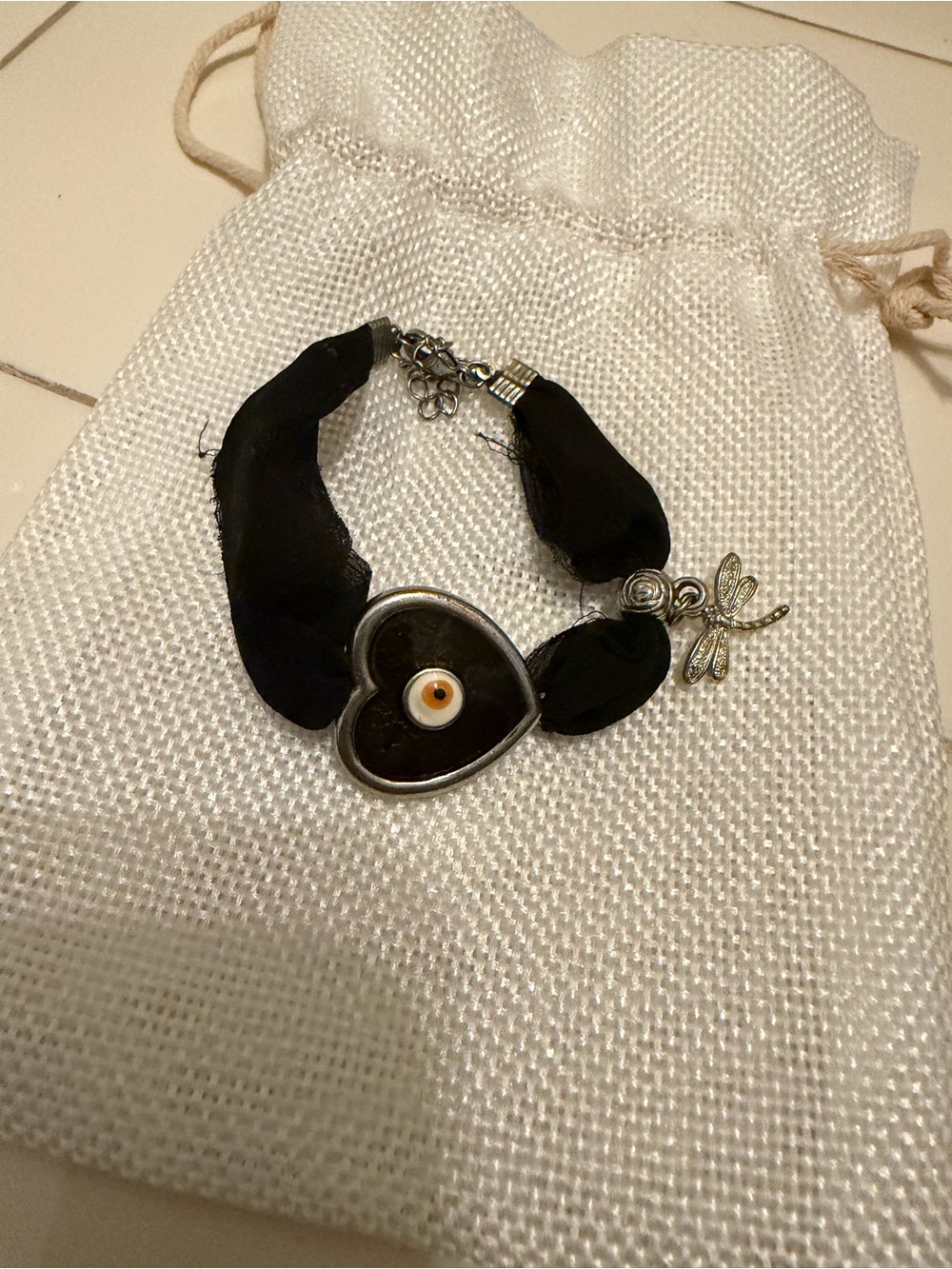 Heart Charm Black Ribbon Bracelet with Dragonfly Accent